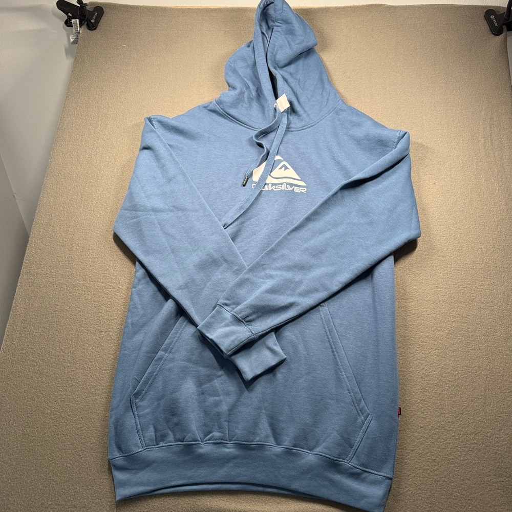 Quiksilver Hoodie Men LT Blue Logo Graphic Pullover Surf Sweatshirt LT